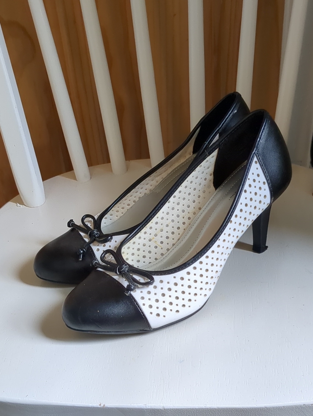 Predictions Black and White Perforated Heels with Bow Accent-Size 8.5